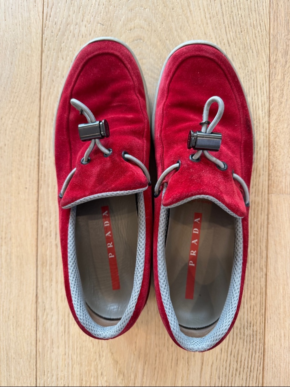 PRADA! RUBY RED! Women’s Size 10 SUEDE  Slip-On Loafers with Toggle Detail.